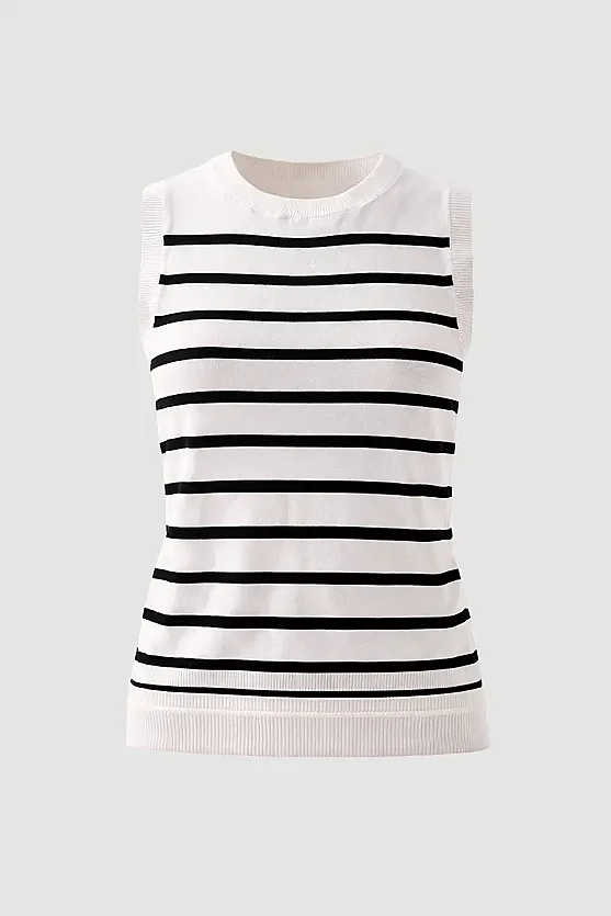 Striped Mercerized Knit Blouse - White - Gusto