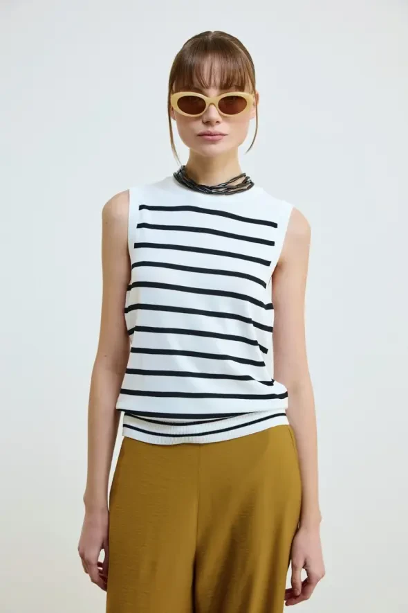 Striped Mercerized Knit Tank Top - White - 4