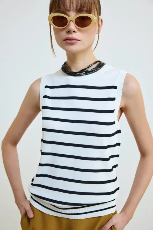 Striped Mercerized Knit Tank Top - White - 3