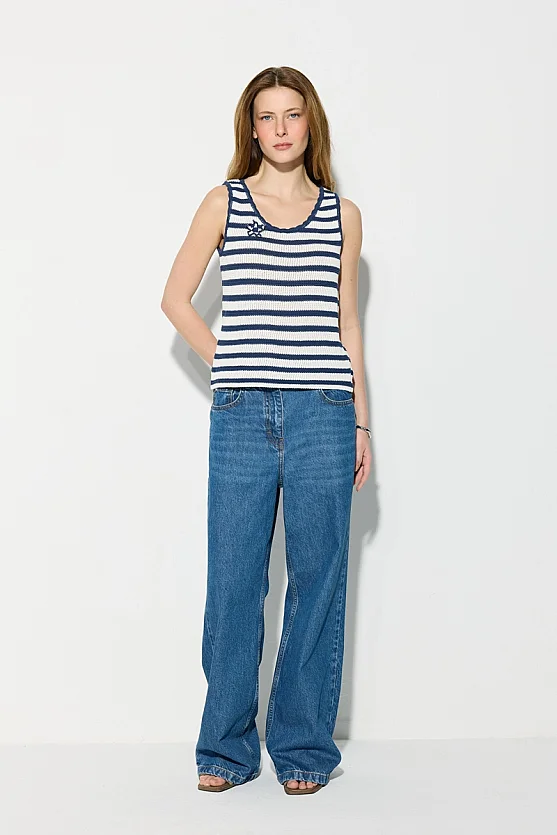 Striped Mercerized Knit Tank Top with Star Appliqué - Navy Blue - Gusto