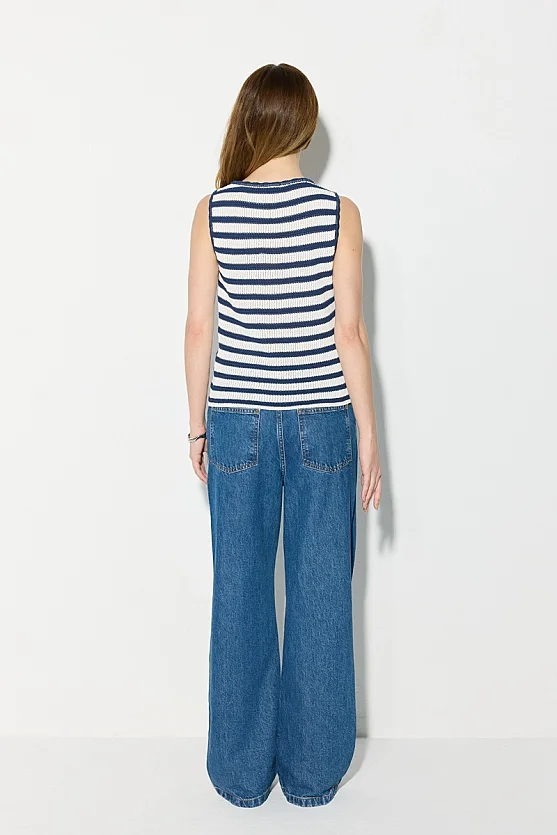 Striped Mercerized Knit Tank Top with Star Appliqué - Navy Blue - Gusto