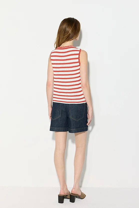 Striped Mercerized Knit Tank Top with Star Appliqué - Red - Gusto