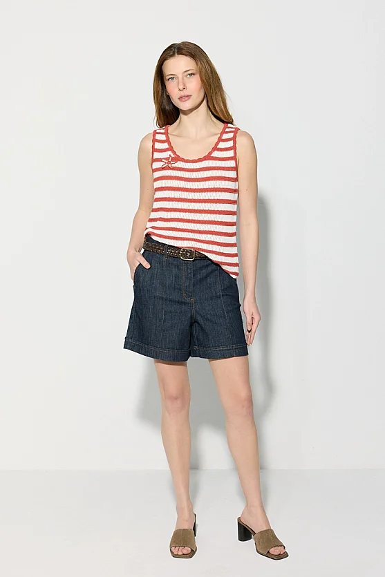 Striped Mercerized Knit Tank Top with Star Appliqué - Red - 3
