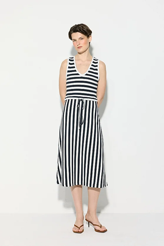 Striped Midi Length Viscose Knit Dress - Navy Blue - Gusto