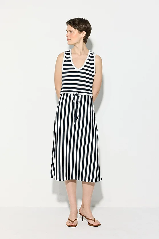 Striped Midi Length Viscose Knit Dress - Navy Blue - Gusto