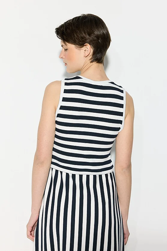 Striped Midi Length Viscose Knit Dress - Navy Blue - Gusto