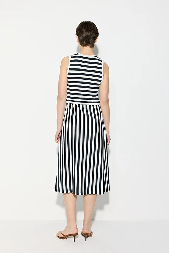 Striped Midi Length Viscose Knit Dress - Navy Blue - Gusto