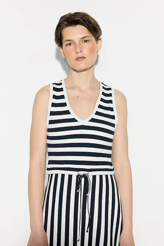 Striped Midi Length Viscose Knit Dress - Navy Blue - Gusto