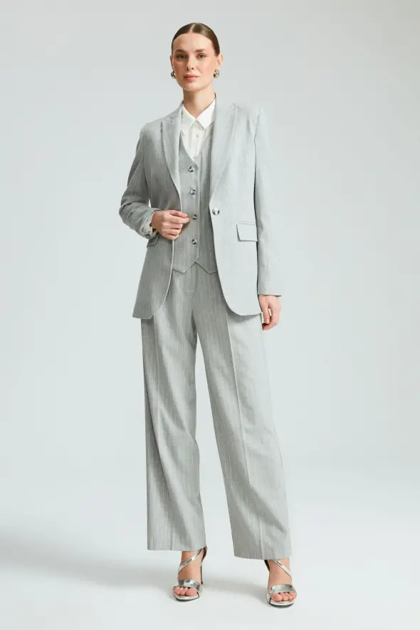 Striped One Button Blazer Jacket - Grey - 2