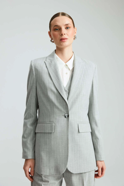 Striped One Button Blazer Jacket - Grey Gray