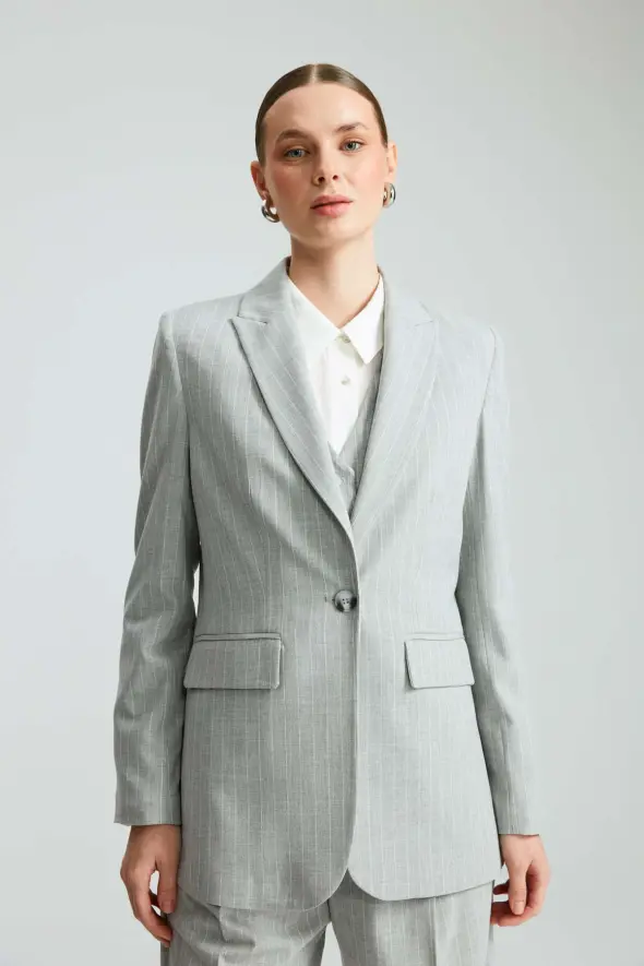 Striped One Button Blazer Jacket - Grey - 1