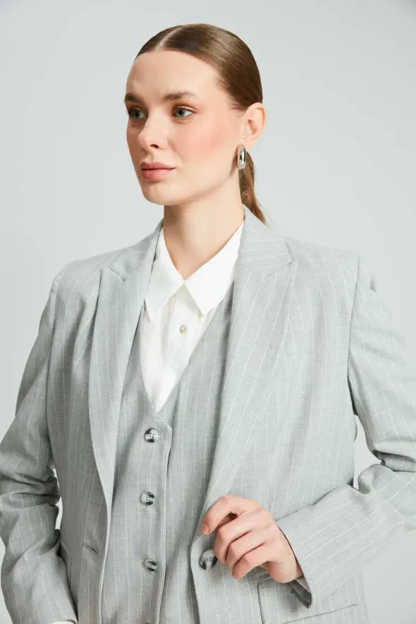 Striped One Button Blazer Jacket - Grey - 4