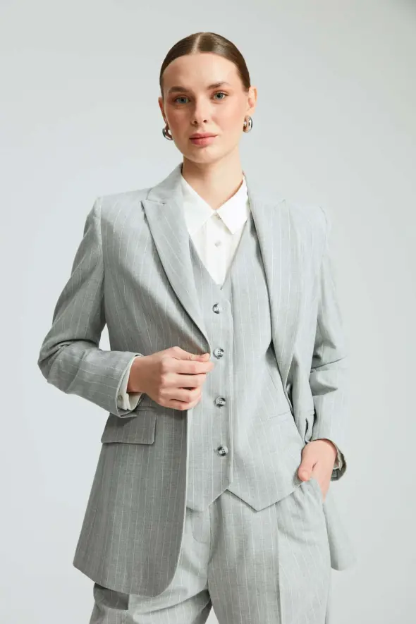 Striped One Button Blazer Jacket - Grey - 3
