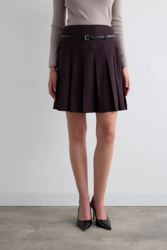 Striped Pleated Belted Mini Skirt Plum - 2