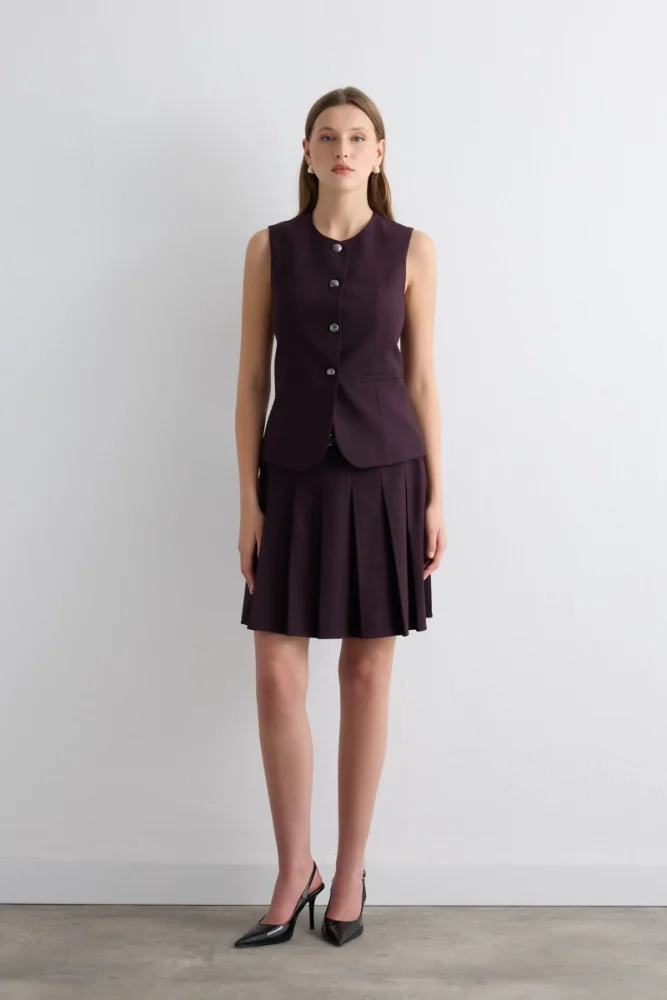 Striped Pleated Belted Mini Skirt Plum Marroon