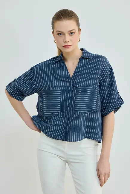 Striped Pocket Short Shirt - Navy Navy Blue
