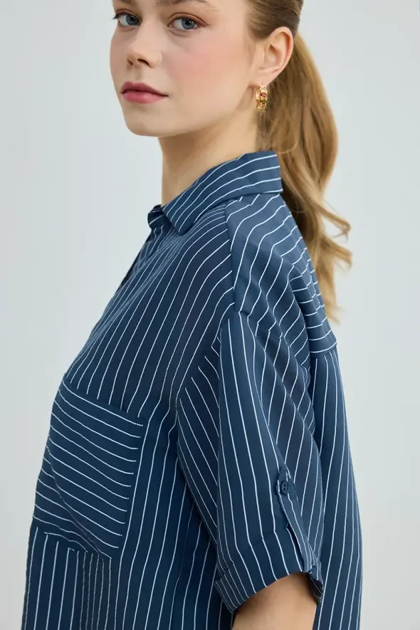 Striped Pocket Short Shirt - Navy - 4