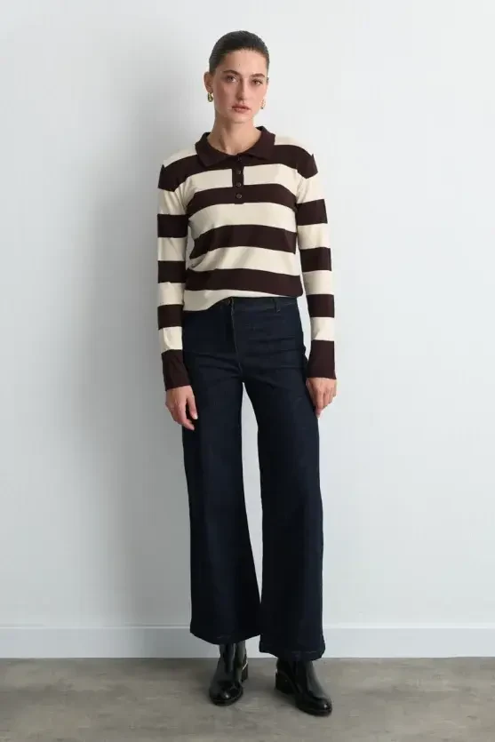 Striped Polo Neck Knit Blouse - Brown - 4