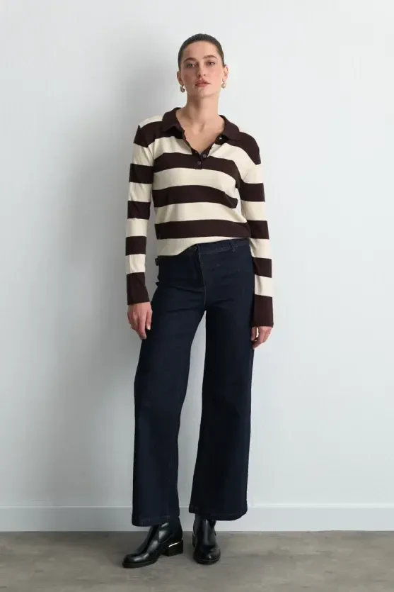 Striped Polo Neck Knit Blouse - Brown - 5