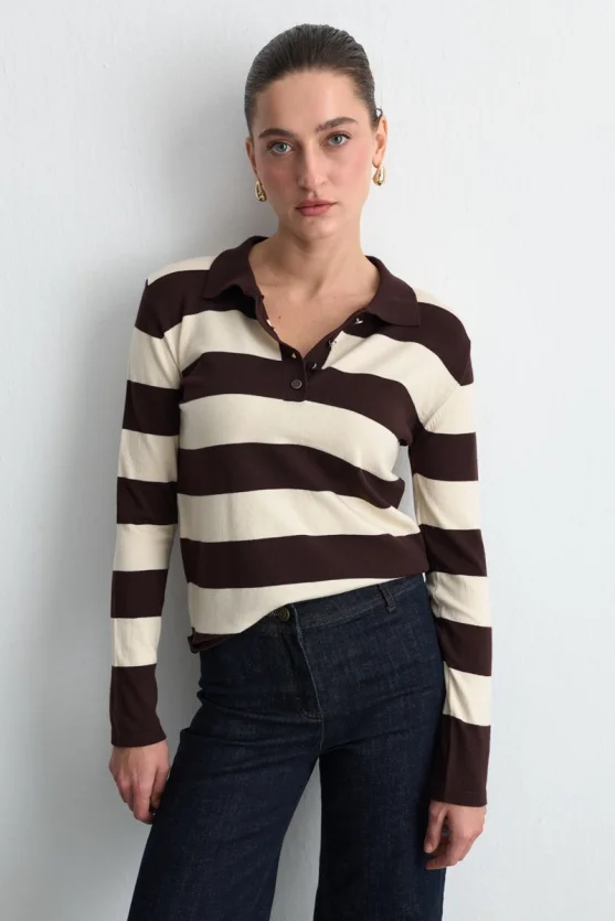 Striped Polo Neck Knit Blouse Brown - Gusto