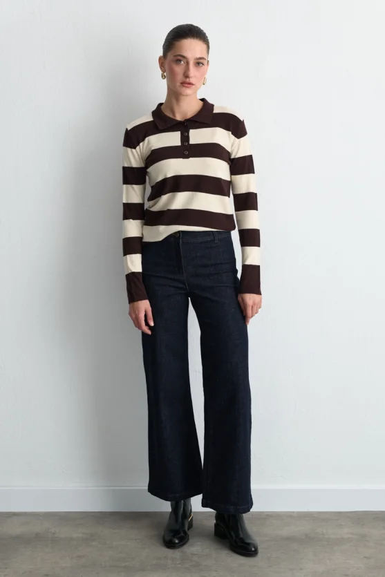 Striped Polo Neck Knit Blouse Brown - 4