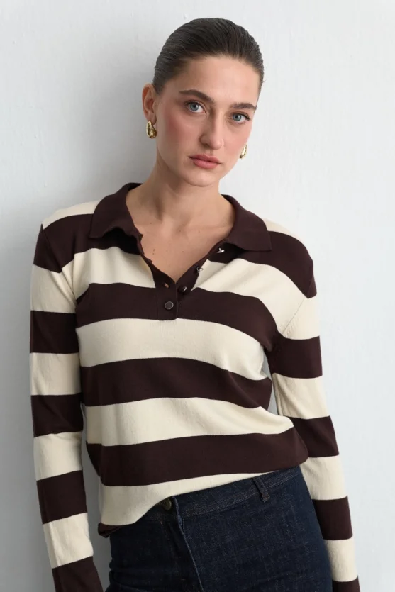 Striped Polo Neck Knit Blouse Brown - 3