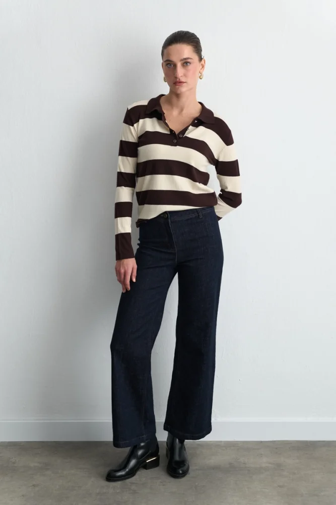Striped Polo Neck Knit Blouse Brown