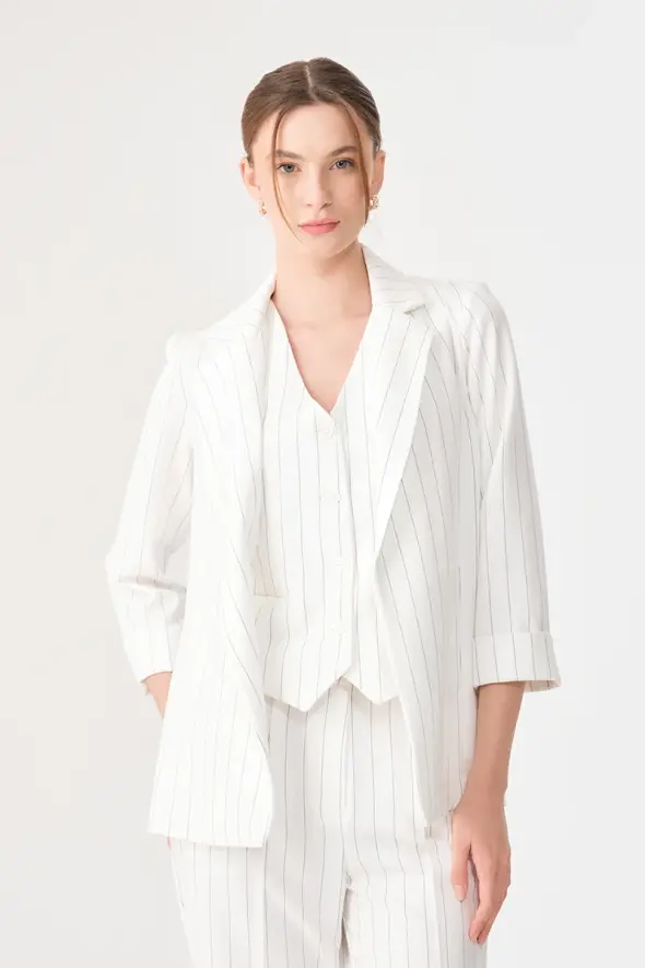 Striped Relaxed Cut Jacket - White - 3