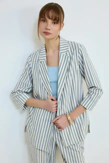 Striped Relaxed Fit Linen-Textured Jacket - Blue - Gusto