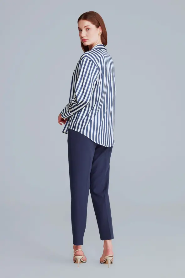 Striped Relaxed Fit Satin Shirt - Navy Blue - 6