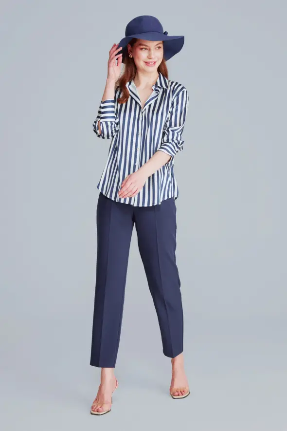 Striped Relaxed Fit Satin Shirt - Navy Blue - 2