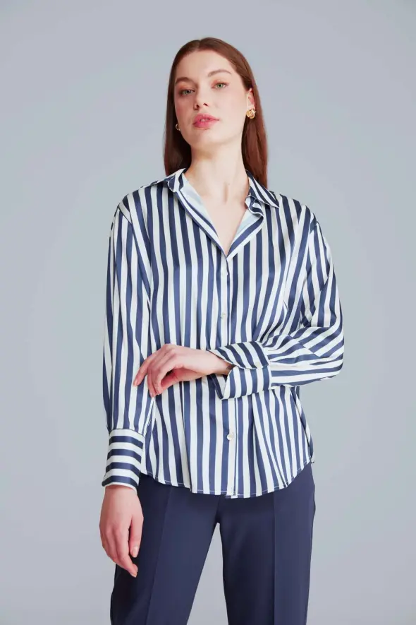 Striped Relaxed Fit Satin Shirt - Navy Blue - 4