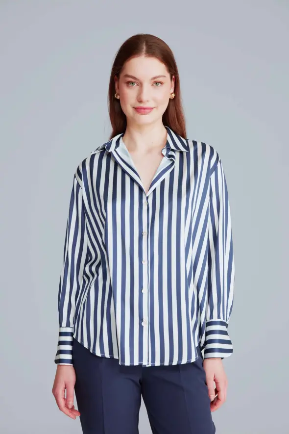 Striped Relaxed Fit Satin Shirt - Navy Blue - 1