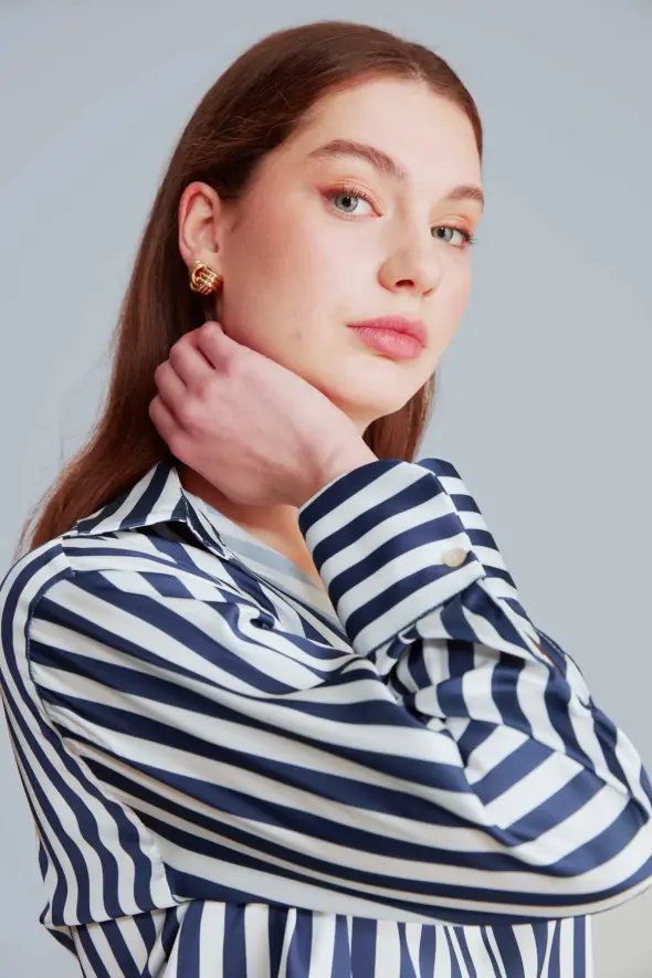 Striped Relaxed Fit Satin Shirt - Navy Blue - 5