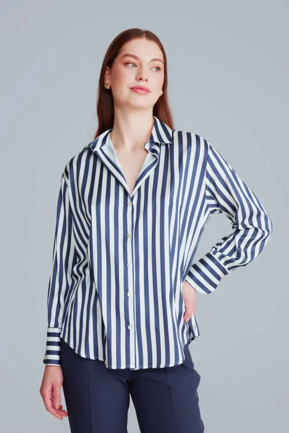 Striped Relaxed Fit Satin Shirt - Navy Blue - 3