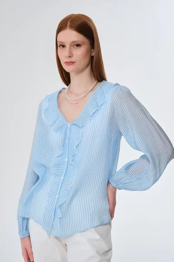 Striped Ruffled Shirt - Blue - 2