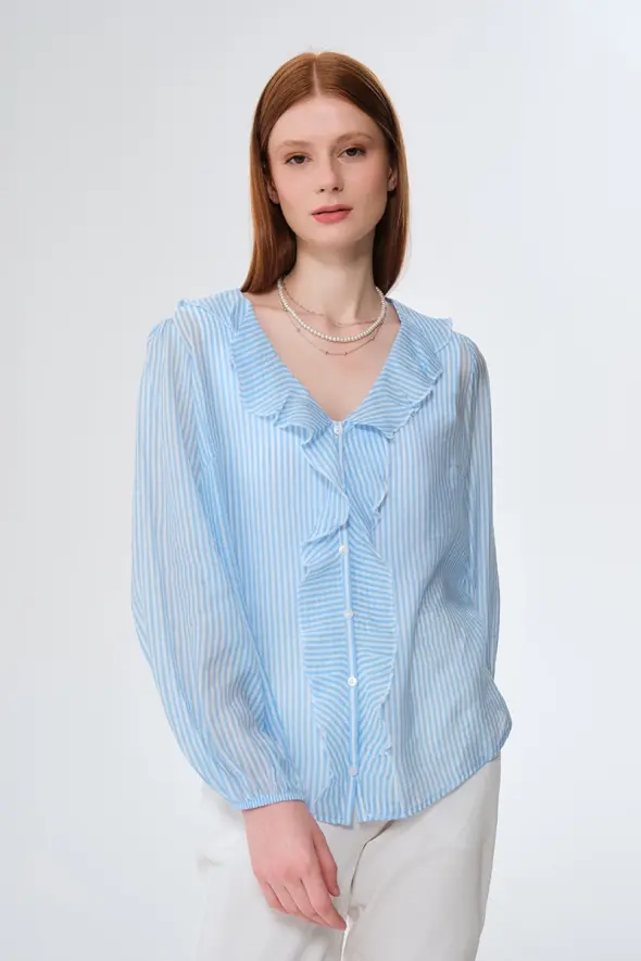 Striped Ruffled Shirt - Blue - 3