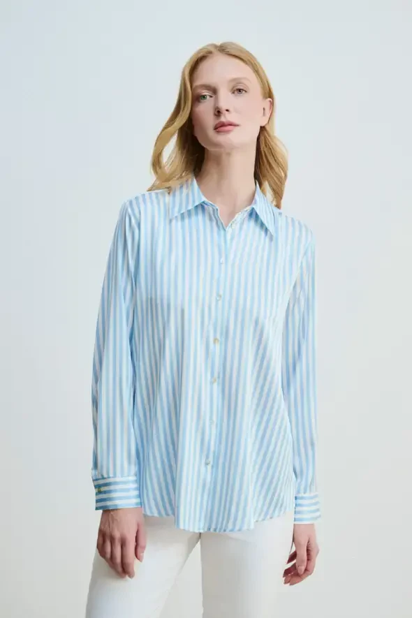 Striped Satin Shirt - Blue - 1