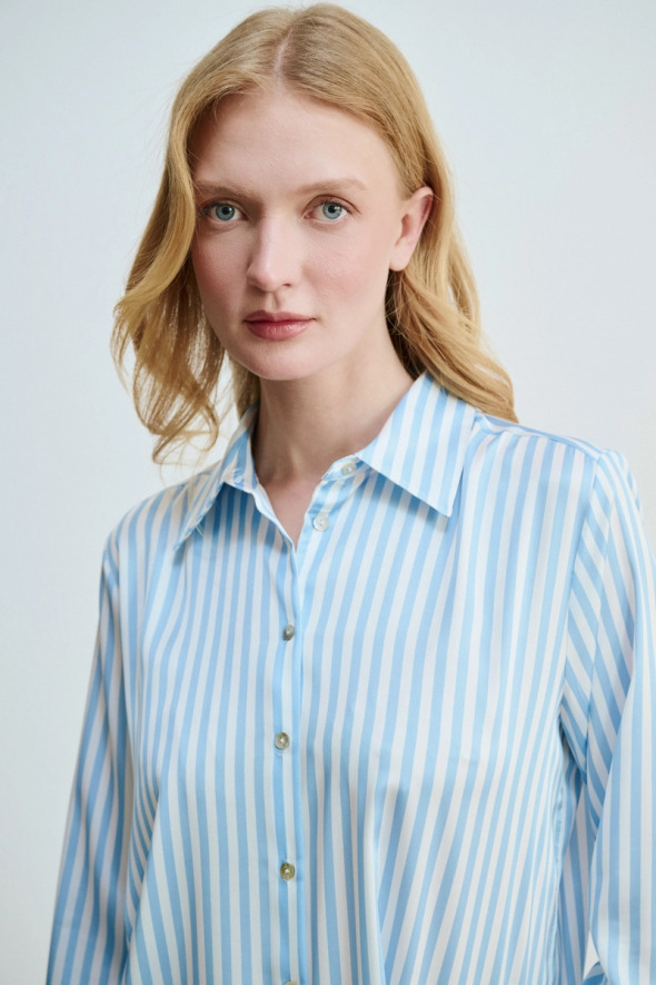 Striped Satin Shirt - Blue - 3