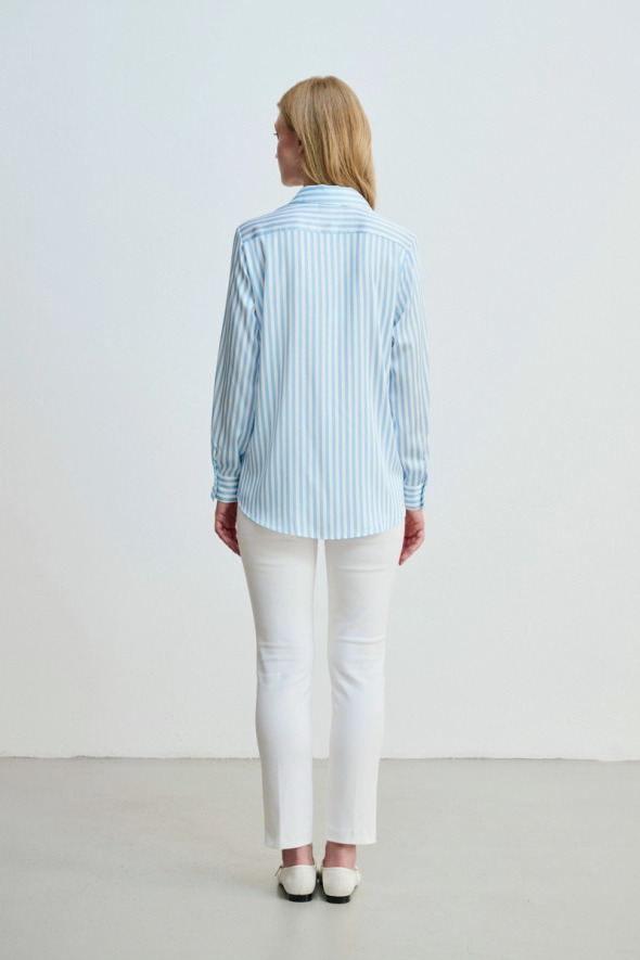 Striped Satin Shirt - Blue - 4