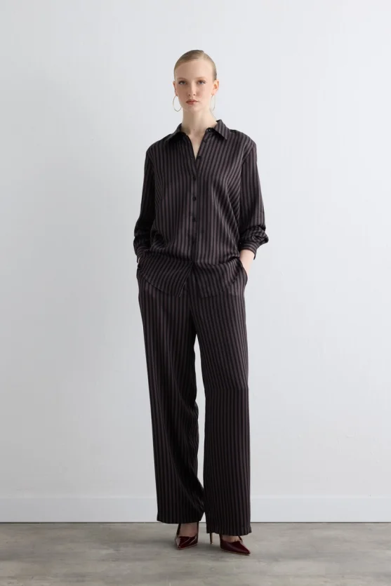 Striped Satin Shirt - Brown - 2