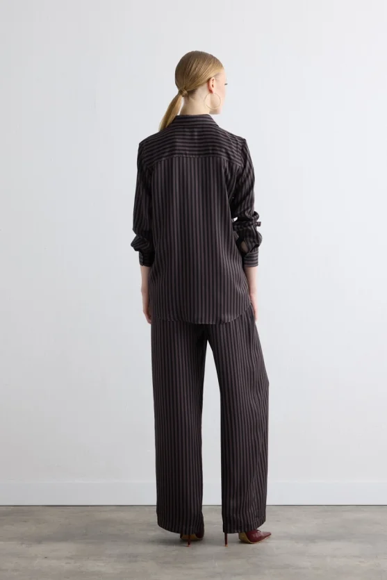 Striped Satin Shirt - Brown - 7