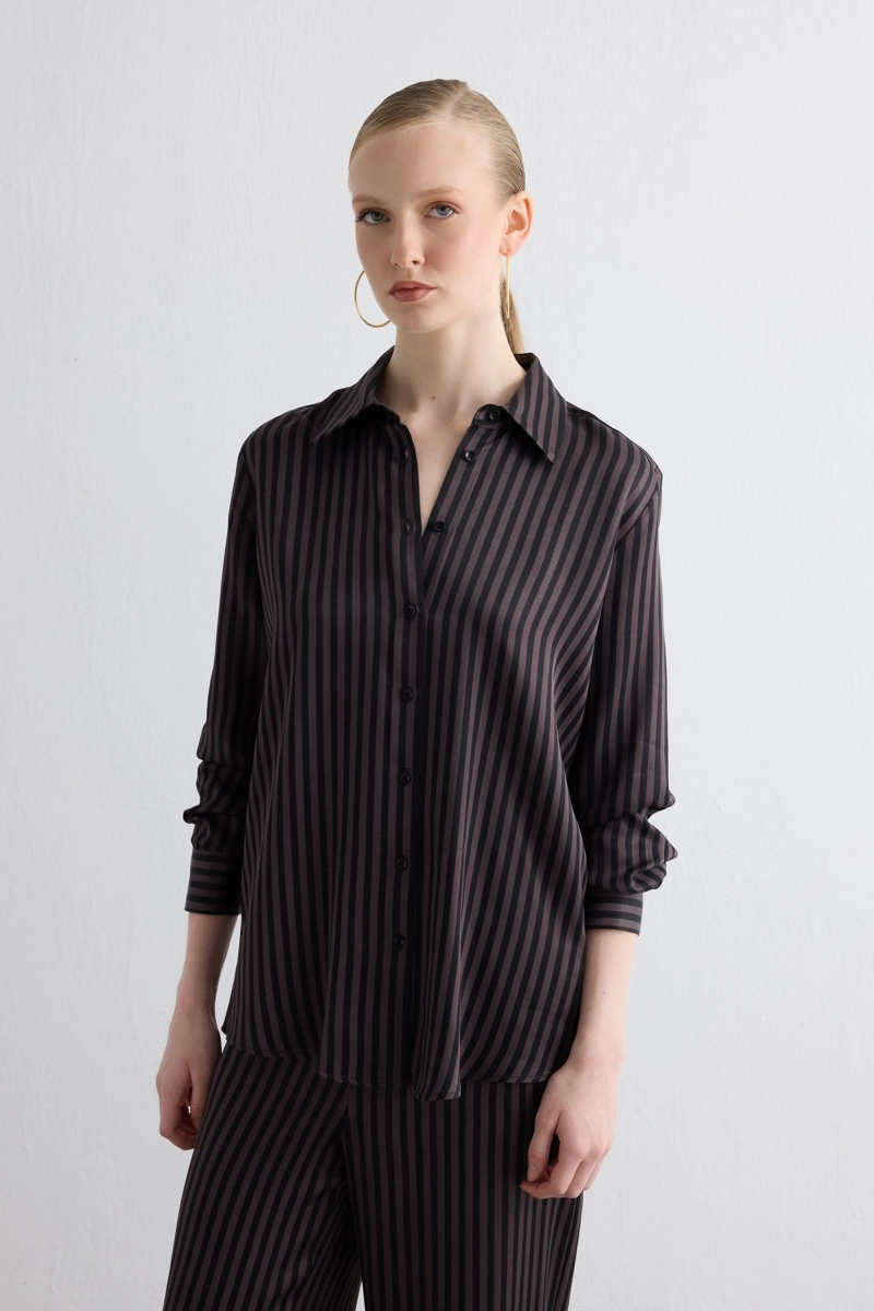 Striped Satin Shirt - Brown - 1