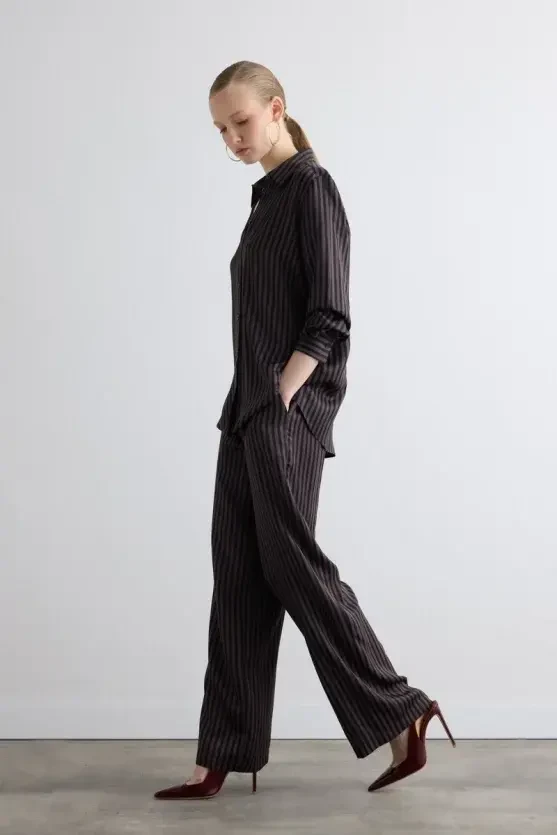 Striped Satin Shirt - Brown - Gusto