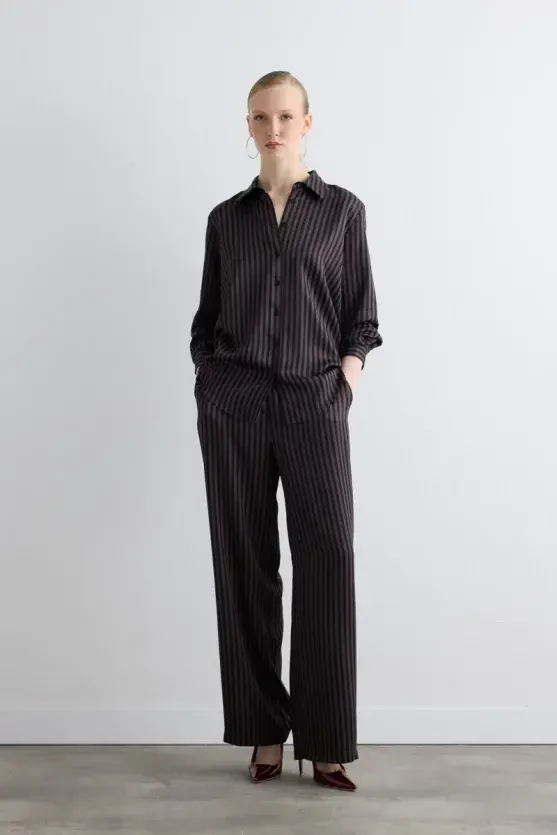 Striped Satin Shirt - Brown - 2