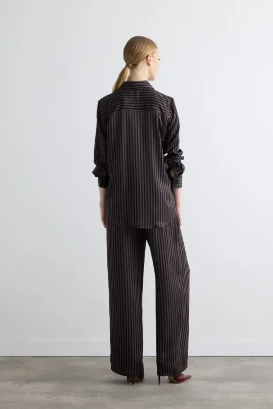 Striped Satin Shirt - Brown - 7