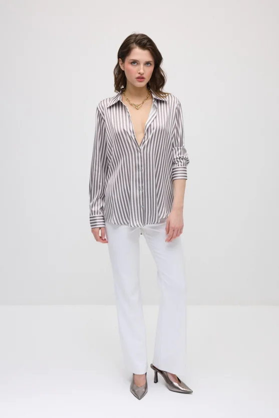 Striped Satin Shirt - Brown - 4