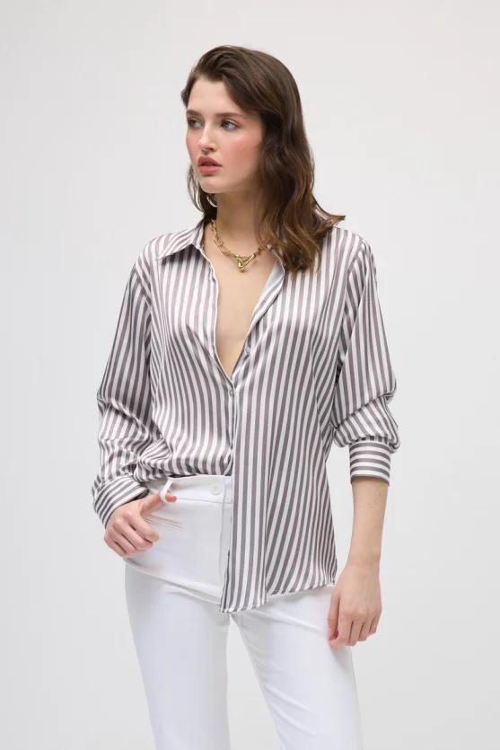 Striped Satin Shirt - Brown - 7