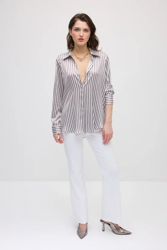 Striped Satin Shirt - Brown - 2