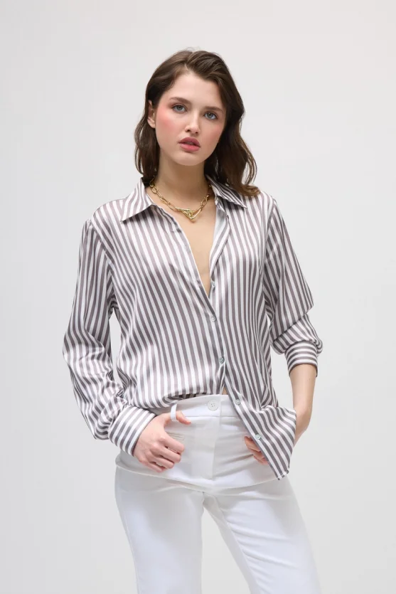 Striped Satin Shirt - Brown - 5